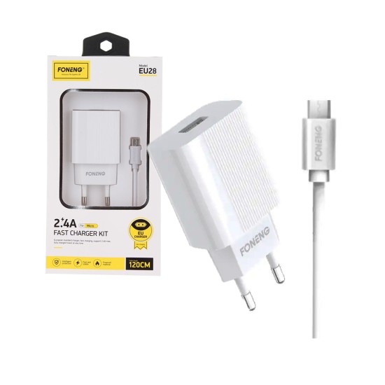 Adaptador Carregador de Parede USB Rápido Foneng EU28 com Cabo Micro 2,4A Branco